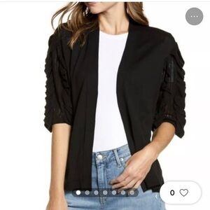 🇪🇸🐠Rachel Parcell Black Open-Front Cardigan Sweater | Linen Blend Ruffle Sleeve